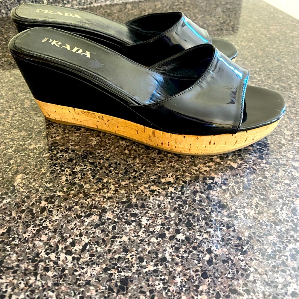 Prada Black Patent and Cork Wedge size 36